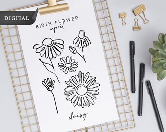 Birth Flower Digital Illustrations, Daisy SVG, April Flower SVG, Line Art Drawing, Birth Month Flower Print, Instant Download