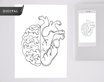 Anatomisk hjärna och hjärta linjeteckning: Läkare sjuksköterska gåva (SVG, PNG, PDF)