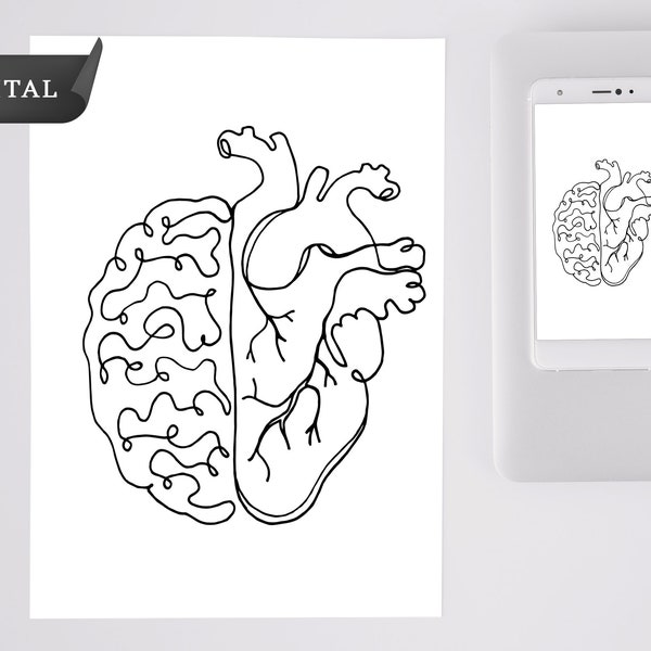 Cerveau anatomique et illustration numérique de coeur, pépinière SVG, impression d'anatomie humaine, dessin d'art en ligne, téléchargement immédiat, art mural imprimable