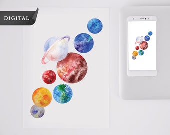 Printable Watercolor Planets and Solar System, Space Digital Illustration, Wall Art, Instant Download, Digital Watercolor Files, PNG Files