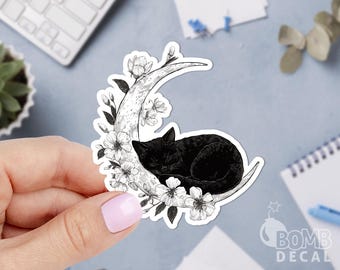 Moon Black Cat Sticker: Floral Hand Drawing Decal