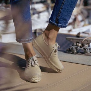 Lace up Eco-friendly espadrilles handmade in Spain. Canvas from RECYCLED PLASTICS.  Vegan - sustainable - natural