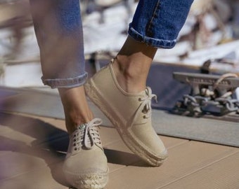 Lace up Eco-friendly espadrilles handmade in Spain. Canvas from RECYCLED PLASTICS.  Vegan - sustainable - natural