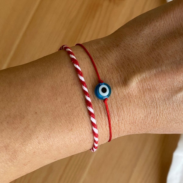 Bracelet rouge avec Martenitsa, bracelet mauvais œil, bracelet ficelle rouge, bracelet de protection réglable, lot de 2 bracelets