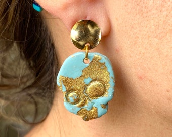 Skull Earring Gothic Halloween Turquoise Decor, Gold Skull Fidget Clay Jewelry, Unique Gifts for Her