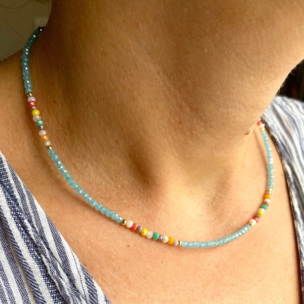 Crystal Chakra Necklace, Adjustable Chakra Stones Jewelry, Dainty Minimalist Beaded Choker, Unique Gifts