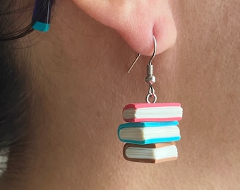 Book Earrings Polymer Clay Jewelry, Pile Stack of Books, Dangle Charm Book Lover Earrings, Teacher Lawyer Officiant Gifts