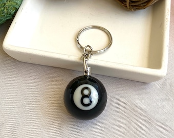 Pool Ball 8 Keychain, Cute Fun Vintage Keychain, Miniature Real Billards Ball Keyring, Gifts for Him Her