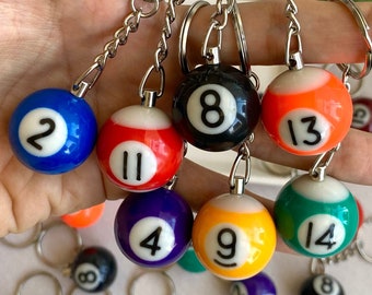 Pool Ball 8 Keychain, Miniature Real Billards Ball Keyring, Cute Fun Vintage Gifts for Him Her