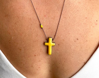 Cross Necklaces Mens Womens, Y2K Necklace, Ceramic Boho Pendant Handmade Jewelry, Adjustable Clay Charms, Handmade Gifts
