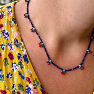 Cherry Necklace Turquoise, Minimalist Jewelry, Seed Beaded Dainty Choker, Necklaces for Women