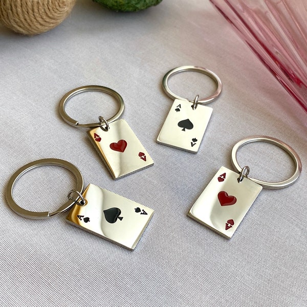 Ace Keychain Playing Cards Charm, Las Vegas Poker Pendant, Silver Lucky Keyring, Cute Fun Vintage Gifts for Him Her