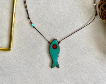 Choker Fish Necklace, Handmade Summer Jewelry, Boho Pendant Ceramic Goth Choker, Gifts for her