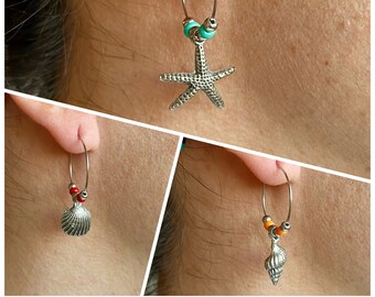 Coastal Hoop Earrings, Seashell Starfish Conch Charms, Beach Jewelry, Small Silver Hoops, Ocean Inspired Gift