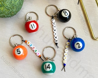 Pool Ball 8 Keychain, Personalized Cute Fun Vintage Keyring, Custom Keychain, Miniature Real Billiards Ball Gifts for Him Her