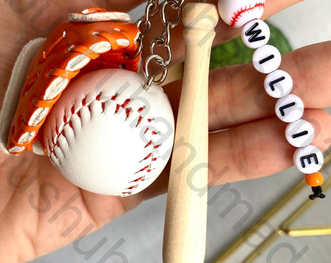 Personalized Baseball Keychain, Miniature Leather Glove Ball Bat Real Baseball Lover Keychain, Custom Name Keyring, Sport Gifts for Him Her