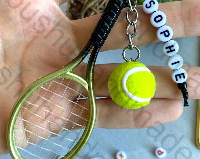 Personalized Tennis Keychain Racket Ball, Miniature Real Tennis Keychain, Custom Name Tennis Lover Gifts for Women Men, Car Key Holder
