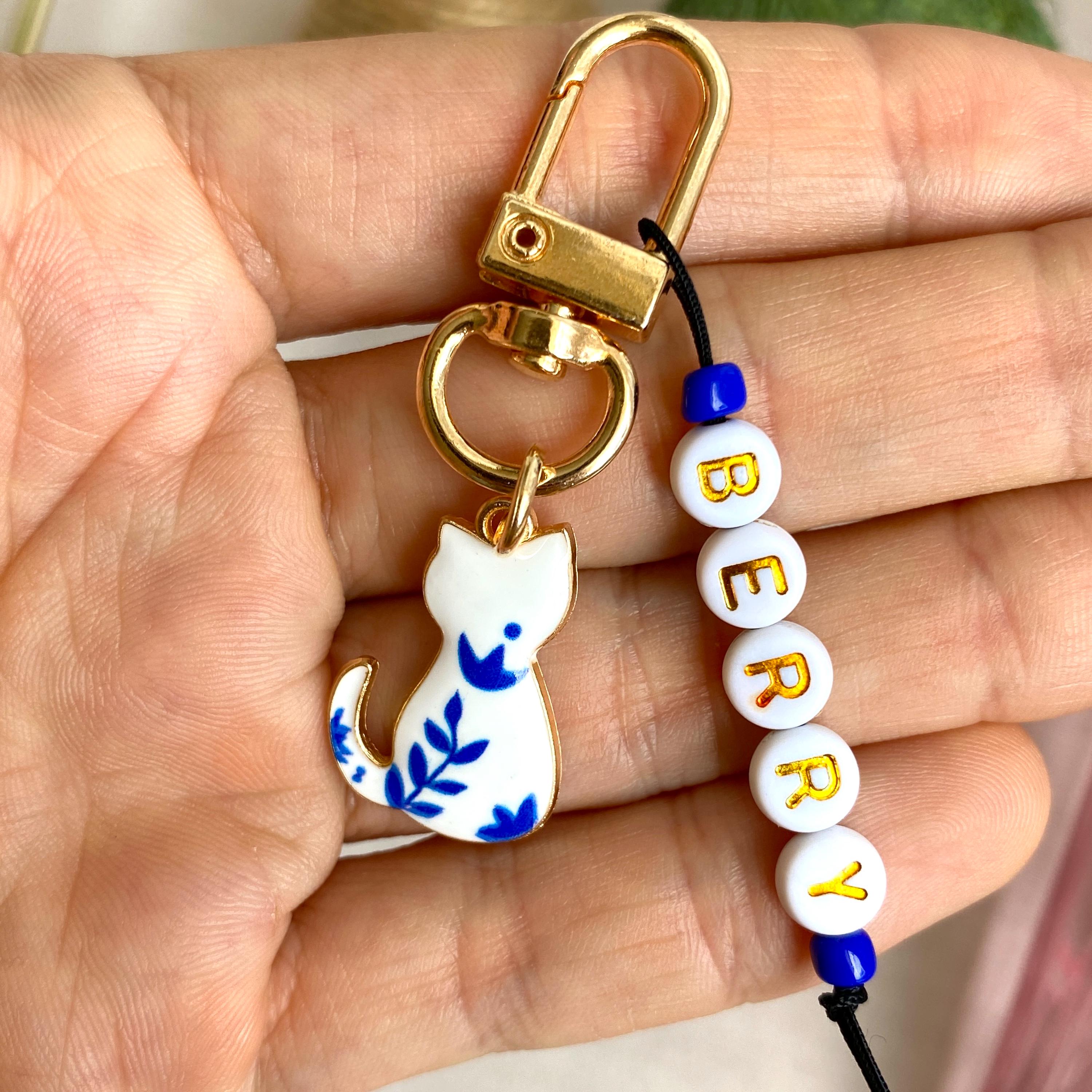 Personalized Cat Keychain, Custom Name Beaded Pet Keyring, Cute Gold ...
