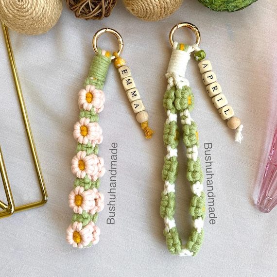 Personalized Crochet Wristlet, Custom Name Wooden Beaded Keychain Woven Bag Purse Zipper Backpack Charm, Unique Customized Gifts
