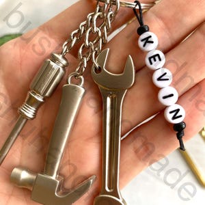Personalized Tool Keychain, Custom Name Silver Wrench Shovel Hammer Drill Toolbox Keyring, Mechanic Handyman Plumber Gifts for Dad Him Her