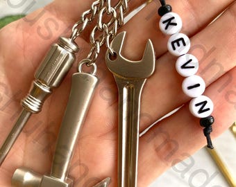 Personalized Tool Keychain, Custom Name Silver Wrench Shovel Hammer Drill Toolbox Keyring, Mechanic Handyman Plumber Gifts for Dad Him Her