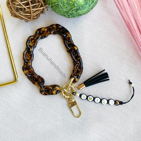 Personalized Chunky Chain Link Wristlet Keychain Charm, Custom Name Turquoise Acrylic Bangle Keyring, Cute Boho Strap, Bag Purse Wallet Gift