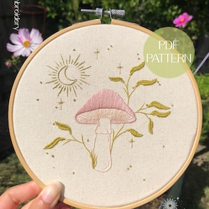 Mushroom in the Moonlight Embroidery Pattern | Digital Download Pattern | Paint with Threads | Hand Embroidery Pattern | Mushroom Design