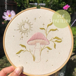 Mushroom in the Moonlight Embroidery Pattern | Digital Download Pattern | Paint with Threads | Hand Embroidery Pattern | Mushroom Design