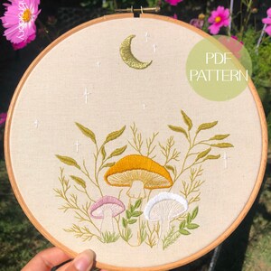 Magical Mushroom Garden Embroidery Pattern | Digital Download Pattern | Paint with Threads | Hand Embroidery | Mushroom Embroidery Design