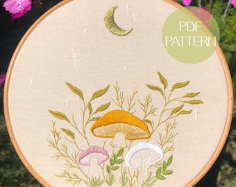 Broderimönster med magisk svampträdgård | Digitalt nedladdningsmönster | Måla med trådar | Handbroderi | Broderidesign med svamp