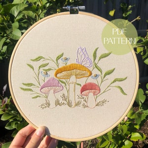 Garden of Mushrooms Embroidery Pattern | Digital Download Pattern | Paint with Threads | Hand Embroidery | Mushroom Embroidery Design