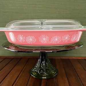 Vintage Pyrex Pink Daisy Oval Divided Casserole Dish #063 with Clear Lid