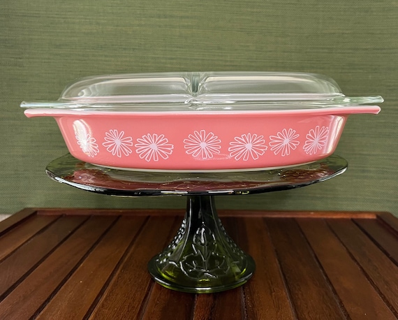 Pyrex Pink Daisy Divided Casserole Dish and Lid Vintage 1950s