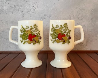 Set of 2 Vintage Spice of Life Pattern Pedestal Mug, Milk Glass