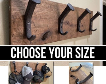 Rustic Reclaimed Wooden Wall Rack for Hats, Caps, & Coats - Choose your Size - Farmhouse Handmade Wood Wall Rack with Railroad Hooks