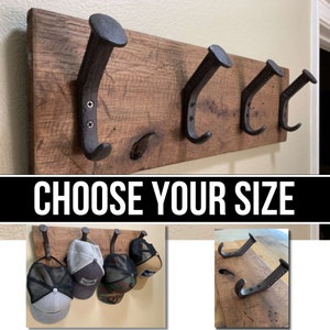 Rustic Reclaimed Wooden Wall Rack for Hats, Caps, & Coats - Choose your Size - Farmhouse Handmade Wood Wall Rack with Railroad Hooks