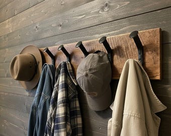 Rustic Coat Rack – Wall Mounted Wood Rack with Railroad Spike Hooks | Farmhouse Entryway Hat Rack, Cabin Decor, Gift for Him