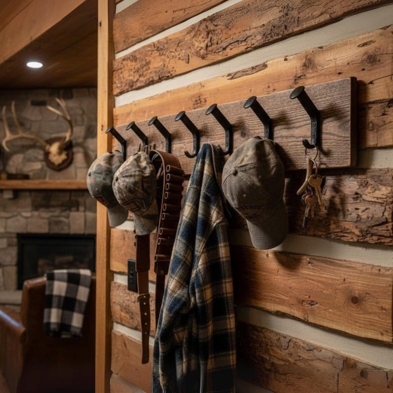 May include: A rustic wooden coat rack with six black metal hooks. The rack holds two camouflage baseball caps, a brown leather belt, a blue and black plaid shirt, and a set of keys. The rack is mounted on a wooden wall.