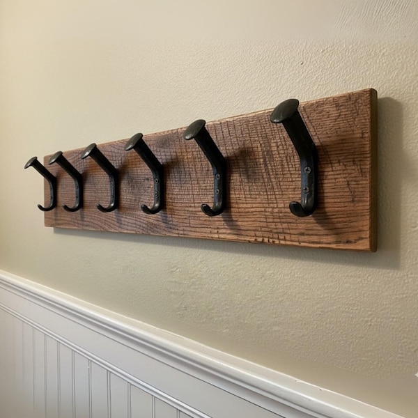 Farmhouse Coat Rack – Rustic Wood Wall Mounted Rack with Railroad Spike Hooks | Entryway Hat Rack, Cowboy Hat Hanger, Gift for Him