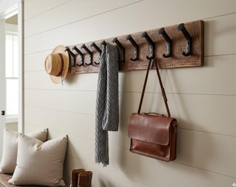 Reclaimed Wood Coat Rack – Rustic Wall Mounted Oak Rack with Railroad Spike Hooks | Farmhouse Hat Rack, Entryway Gift for Him