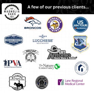May include: Image showcasing logos of previous clients, including the Denver Broncos, Minnesota Vikings, and US AM Tour. Other logos include Virginia Forestry Association, Lucchese Bootmaker, and the Air Force Personnel Center. The text reads "A few of our previous clients..."