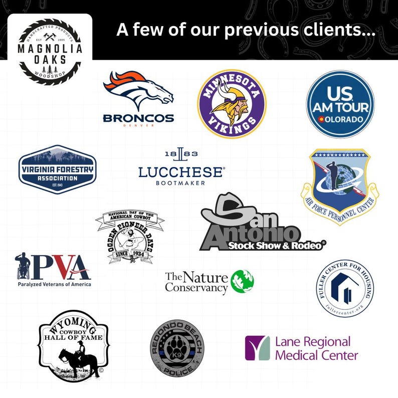 May include: Image showcasing logos of previous clients, including the Denver Broncos, Minnesota Vikings, and US AM Tour. Other logos include Virginia Forestry Association, Lucchese Bootmaker, and the Air Force Personnel Center. The text reads "A few of our previous clients..."