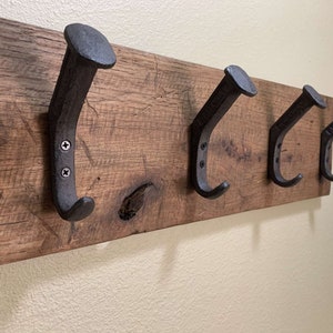 Rustic Reclaimed Wooden Wall Rack for Hats, Caps, & Coats - Farmhouse Handmade Wood Wall Rack with Railroad Hooks, Holds 8+ Hats Made in USA