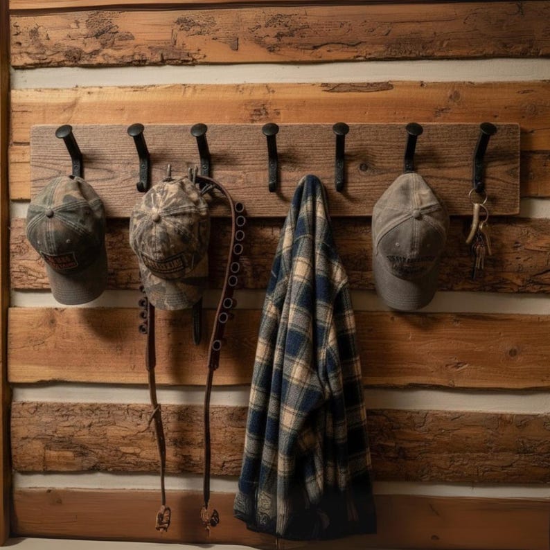May include: A wooden coat rack with six black metal hooks. Three baseball caps, a plaid shirt, and a set of keys hang from the hooks. The rack is mounted on a rustic, wooden wall.