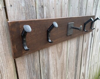 Handcrafted Rustic Farmhouse Wooden Cap & Cowboy Hat Rack - Railroad Spikes + Cowboy Hat Holder