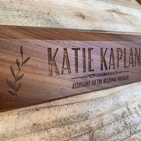 Personalized Desk Name Plate - Engrave Any Text & Graphic on Walnut Wooden Nameplate for Teacher, Office, or Women / Men Gift