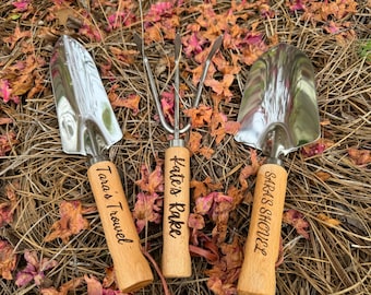 Personalized Garden Tools Gift Wood Set for Gardener, Housewarming, Mom, Wife,Grandmother - Includes Shovel, Rake, & Trowel Complete Set