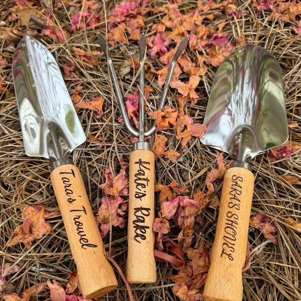 Personalized Garden Tools Gift Wood Set for Gardener, Housewarming, Mom, Wife, Grandmother - Includes Shovel, Rake, & Trowel Complete Set