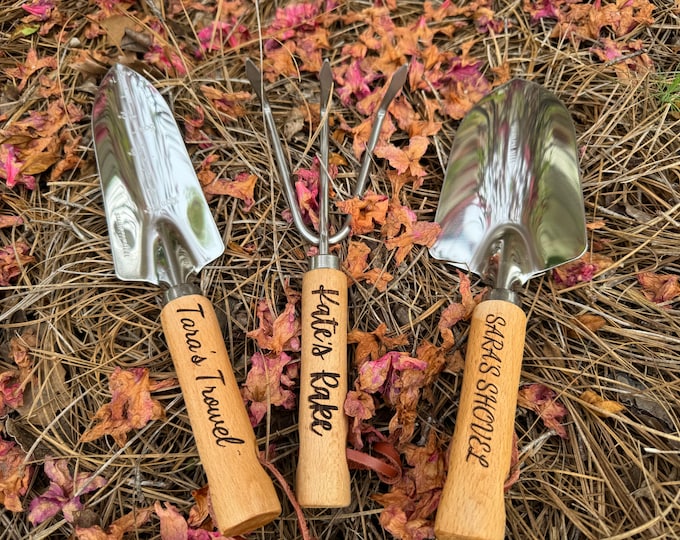 Personalized Garden Tools Gift Wood Set for Gardener, Housewarming, Mom, Wife, Grandmother - Includes Shovel, Rake, & Trowel Complete Set