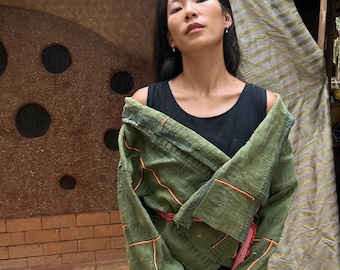 Vintage Hill Tribe Hemp Kimono Jacket – Handwoven Unisex Artisan Wearable Art